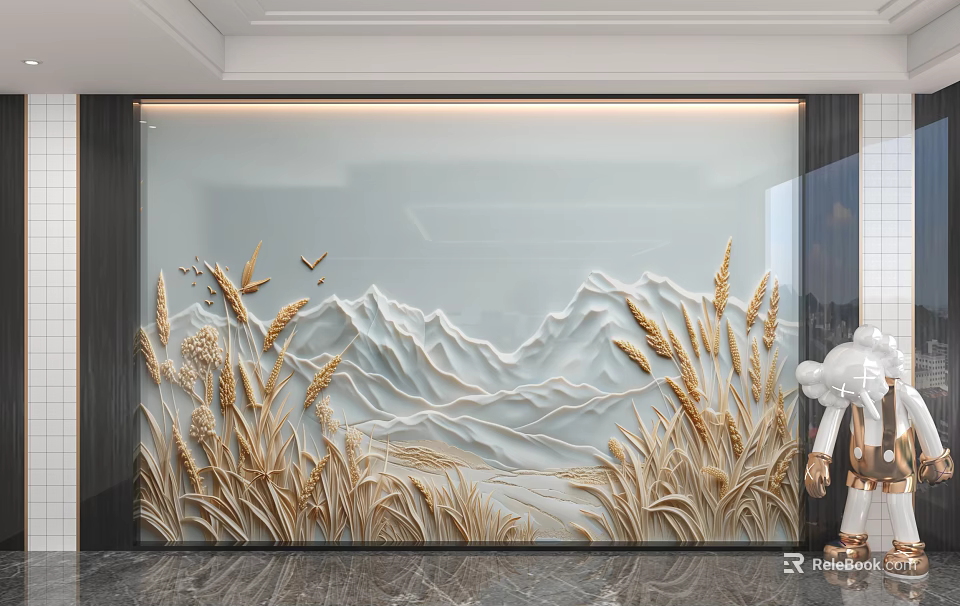 3D Embossed Modern Minimalist Background Wall With Golden Wheat Ears And Mountain Patterns 3d model 