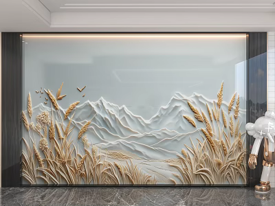 3D Embossed Modern Minimalist Background Wall With Golden Wheat Ears And Mountain Patterns 3d model