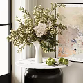 Elegant White Vase With White And Pink Flowers On Marble Table With Green Apples