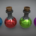 Four Glass Bottles With Wooden Corks Containing Blue Red Green Purple Colored Liquids