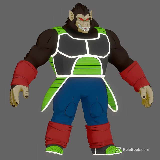 Muscular Gorilla Game Animation Character With Green Striped Armor Red Arm Sleeves And Blue Pants 3d model 