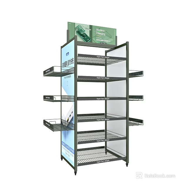 Metal Frame Display Shelving Unit With Multi tiered Wire Shelves And Advertising Panel 3d model 