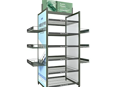 Metal Frame Display Shelving Unit With Multi tiered Wire Shelves And Advertising Panel 3d model