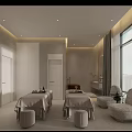 Modern SPA Sauna Interior With Relaxing Massage Tables And Large City View Windows