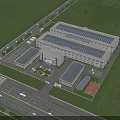 Modern Industrial Factory Complex With Solar Roof Green Surroundings Parking Area And Road Access