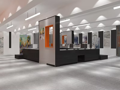Modern Exhibition Hall Interior With Black Reception Desk Orange Accent Wall Artworks And Linear Pendant Lights 3d model