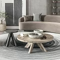 Modern Living Room Beige Curved Sofa Wooden Coffee Table Set With Round Rug
