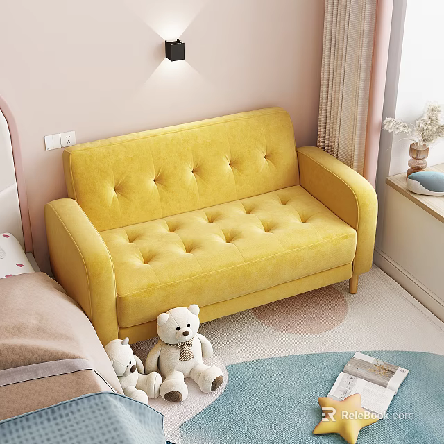 Cozy Yellow Tufted Multi Person Sofa With Teddy Bears And Pink Wall Curtains 3d model 