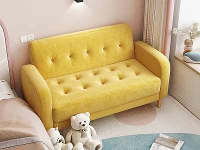 Cozy Yellow Tufted Multi Person Sofa With Teddy Bears And Pink Wall Curtains 3d model