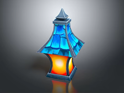Elegant Decorative Lantern Furniture Featuring Blue Glass Shade Pointed Top And Warm Yellow Light 3d model