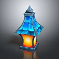 Elegant Decorative Lantern Furniture Featuring Blue Glass Shade Pointed Top And Warm Yellow Light
