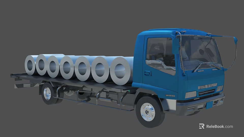 Blue Utility Truck Carrying Multiple Silver Metal Coils On Flatbed 3d model 