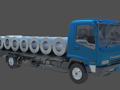 Blue Utility Truck Carrying Multiple Silver Metal Coils On Flatbed 3d model