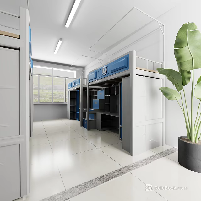 Modern Blue Gray Dormitory Room With Bunk Beds Desks Window And Green Plant 3d model 