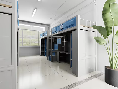 Modern Blue Gray Dormitory Room With Bunk Beds Desks Window And Green Plant 3d model