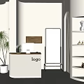 Modern Clothing Store With Counter Hanging Clothes Green Plant White Shelves Shoes And Bags