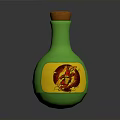 Green Glass Bottle With Wooden Cork And Yellow Label Featuring Red Decorative Design