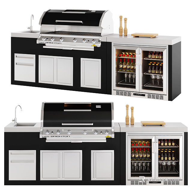 Modern Outdoor Grill Setup With Wine Cooler And Storage Cabinets Design 3d model 