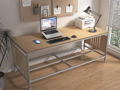 Home Office Wooden Desk With Metal Frame Featuring Laptop Keyboard Phone Desk Lamp And Pegboard 3d model