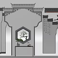 Traditional Chinese Background Wall With Carved Decorations Hexagonal Frame Potted Plant And Calligraphy