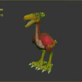 3D Cartoon Bird With Red Yellow Feathers Large Orange Beak And Yellow Sharp Claws