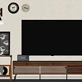 Modern Wooden TV Stand Design With TV Clocks Wall Lamp Decorative Painting And Vinyl Records
