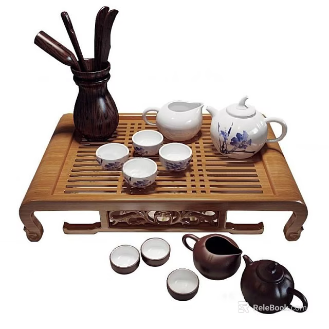 Traditional Chinese Tea Set With Wooden Tray Teapots Cups And Fair Cups 3d model 