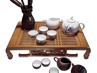 Traditional Chinese Tea Set With Wooden Tray Teapots Cups And Fair Cups 3d model