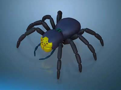 Black Spider Toy With Yellow Head And Green Accents On Blue Background 3d model