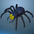 Black Spider Toy With Yellow Head And Green Accents On Blue Background