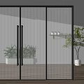 Modern Sliding Door With Black Frame Ribbed Glass In Interior With Wooden Floor And Plant