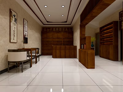 Traditional Chinese Interior Design With Wooden Furniture Calligraphy Paintings And White Tile Floor 3d model