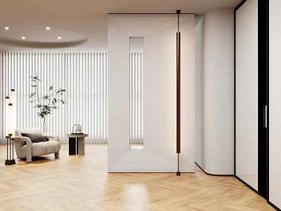 Modern Entryway Hallway Interior With Sliding Mirror Door Sofa And Potted Plant 3d model
