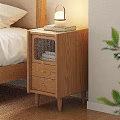 Wooden Nightstand in Bedroom with Drawers Lamp and Books Simple Modern Style Design
