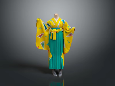 Traditional Japanese Kimono With Yellow Green Robe And Decorative Patterns On Mannequin 3d model