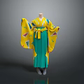 Traditional Japanese Kimono With Yellow Green Robe And Decorative Patterns On Mannequin