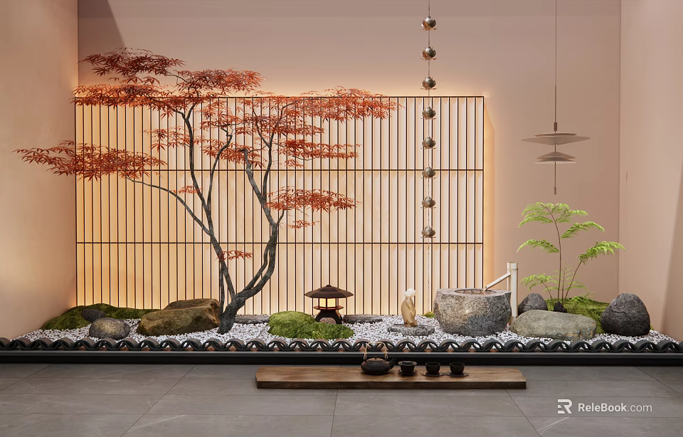 Serene Indoor Landscape With Red Maple Tree Wooden Lattice Backdrop Small Pavilion Stones And Moss 3d model 