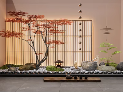 Serene Indoor Landscape With Red Maple Tree Wooden Lattice Backdrop Small Pavilion Stones And Moss 3d model