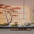 Serene Indoor Landscape With Red Maple Tree Wooden Lattice Backdrop Small Pavilion Stones And Moss