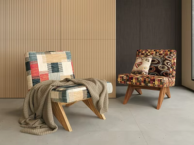 Colorful Patchwork and Patterned Lounge Chairs with Wooden Legs Blanket and Pillow 3d model