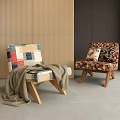 Colorful Patchwork and Patterned Lounge Chairs with Wooden Legs Blanket and Pillow