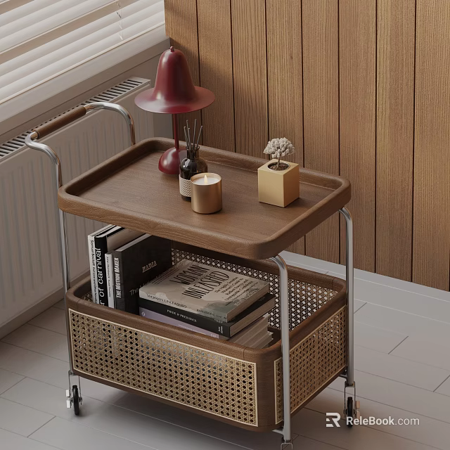 Wooden Tray Top Side Table With Metal Frame Rattan Basket Storage And Decorative Red Lamp 3d model 