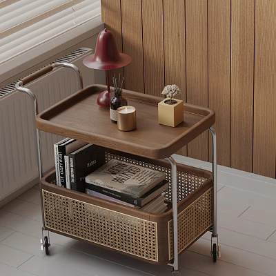 Wooden Tray Top Side Table With Metal Frame Rattan Basket Storage And Decorative Red Lamp 3d model