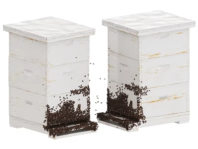 White Wooden Beehives with Busy Bees Around Entrance for Natural Apiary 3d model