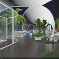 Futuristic Stunning Rooftop Night Lounge With Illuminated Pools Unique Domes And Lush Tropical Palm Plants