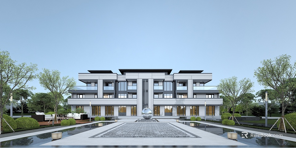 Modern Semi Detached Villa Exterior With Courtyard Water And Greenery 3d model 