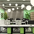 Modern Public Office Space Interior With Open Layout Green Plants And Hanging Pendant Lights