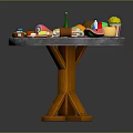 Daily Living Items With Fruits Snacks Drinks And Vegetables On Wooden Round Table