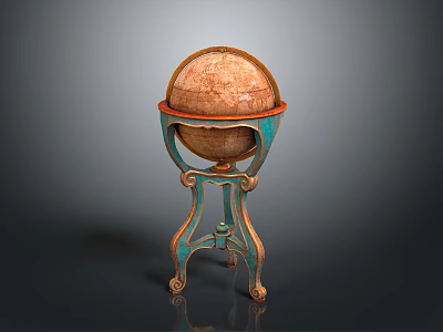 Vintage Decorative Globe With Brown Sphere And Ornate Blue Gold Metal Stand 3d model