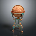 Vintage Decorative Globe With Brown Sphere And Ornate Blue Gold Metal Stand